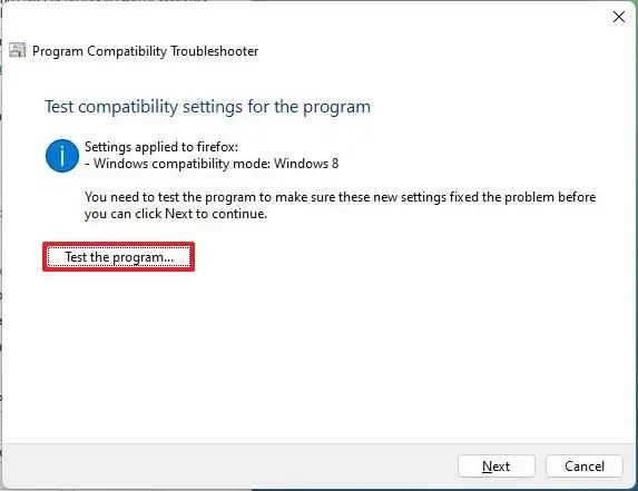 Paramètres de compatibilité de l'application de test Windows 11