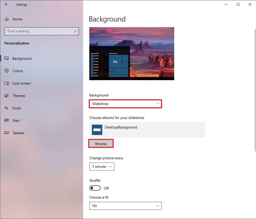 Diaporama du bureau Windows 10