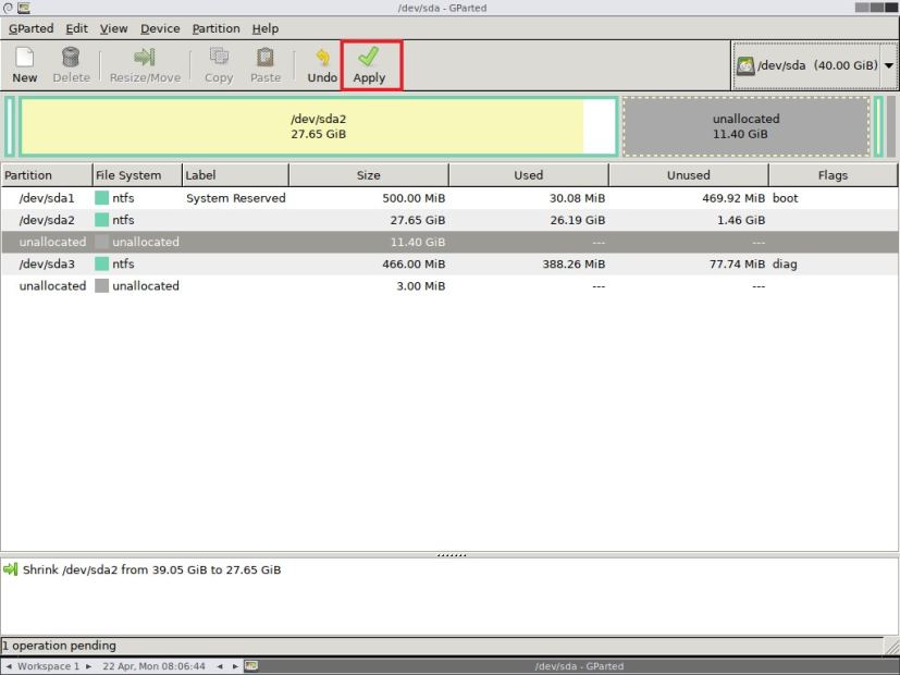 Appliquer le changement de redimensionnement de la partition