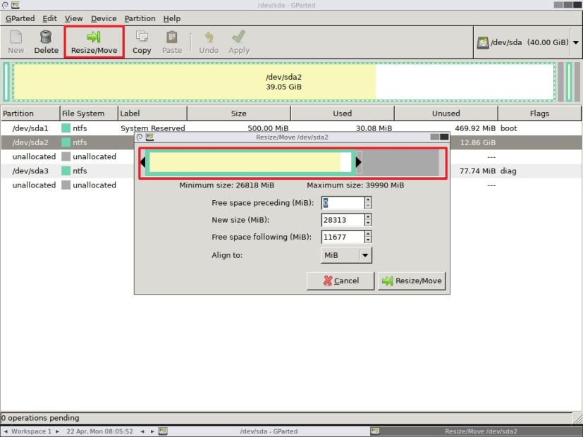 Redimensionner la partition Windows 10 à l'aide de GParted