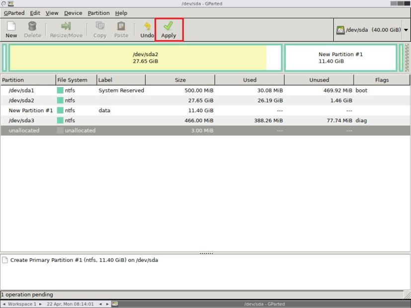 Appliquer les modifications de création de partition