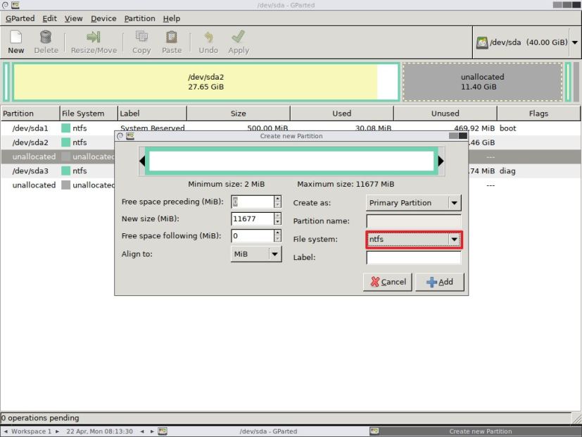 Créer une partition NTFS Windows 10 à l'aide de GParted