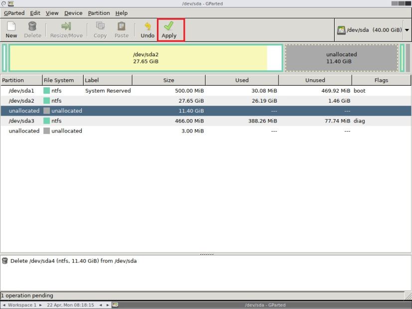 Appliquer les modifications de suppression de partition