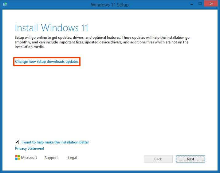 Option de mise à jour de l'installation de Windows 11