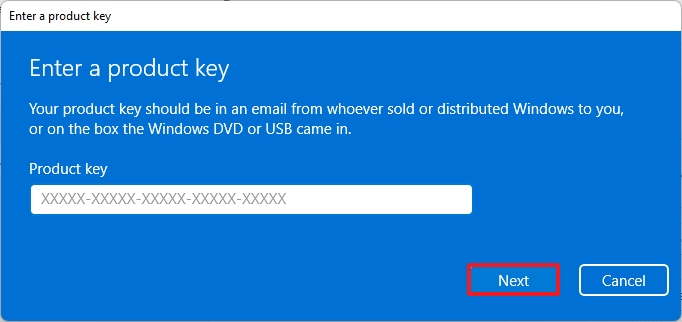 Entrez la clé de produit Windows 11