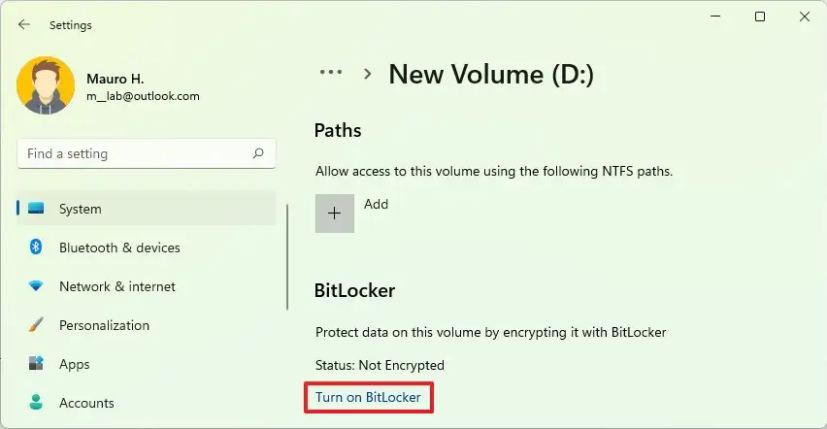 Ouvrir BitLocker pour le lecteur fixe