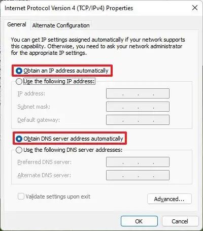Le panneau de configuration active l'adresse DHCP