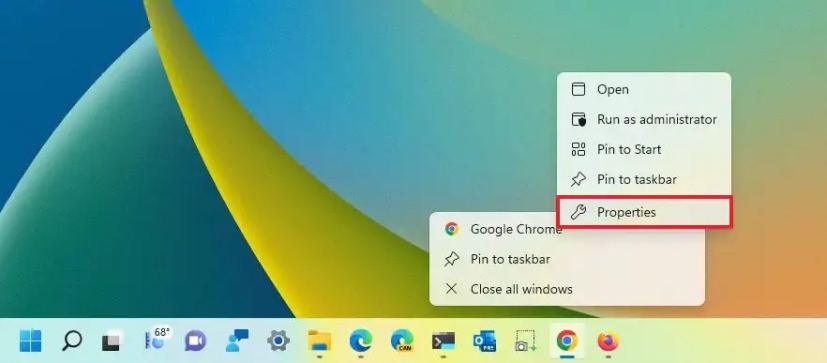 Propriétés du bouton d'ouverture de Chrome