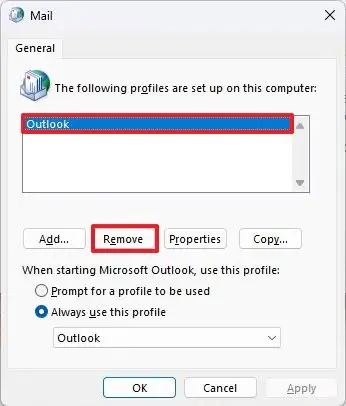 Outlook supprimer le profil