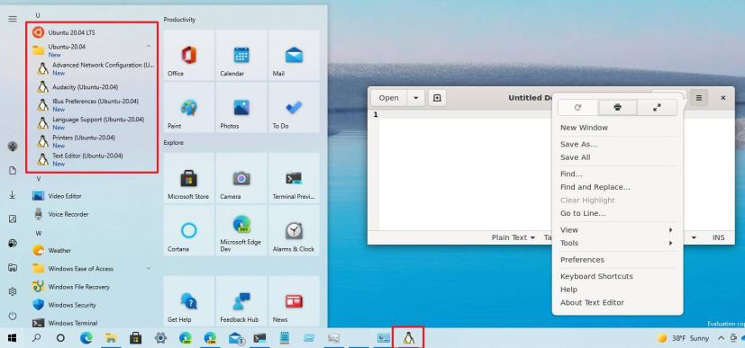 Menu Démarrer avec les applications Linux GUI