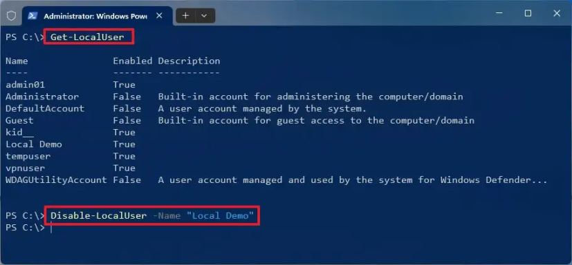 PowerShell désactiver le compte