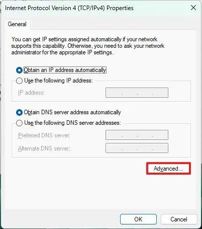 Paramètres avancés TPC/IPv4