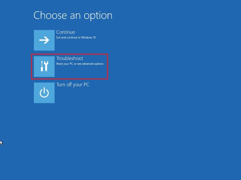 Option de dépannage de l'environnement de récupération Windows 10 