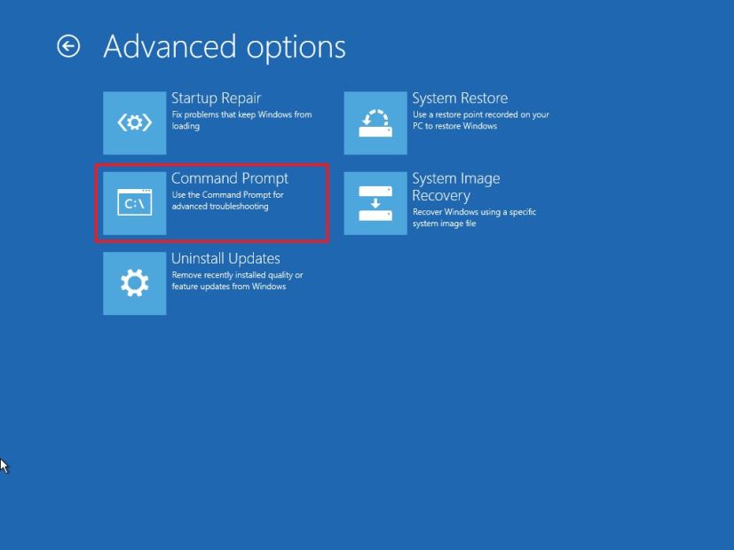 Option d'invite de commande de l'environnement de récupération Windows 10 