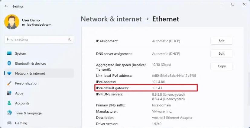 Résumé Ethernet avec passerelle par défaut