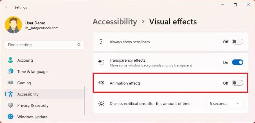 Désactiver les effets d'animation