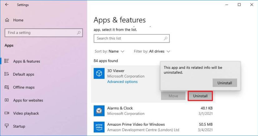 Application de désinstallation des paramètres Windows 10