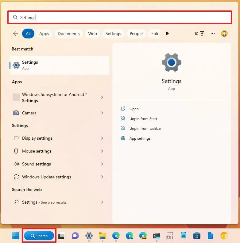 Windows Search ouvre l'application Paramètres