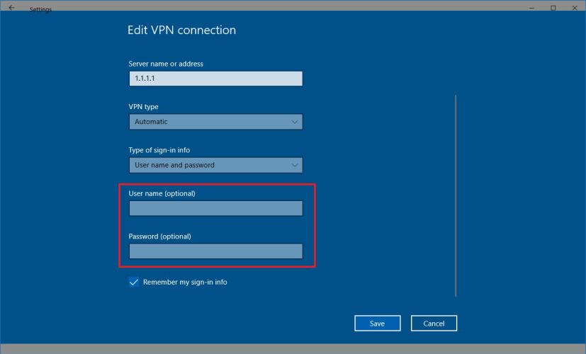 Changer le nom d'utilisateur et le mot de passe VPN sous Windows 10