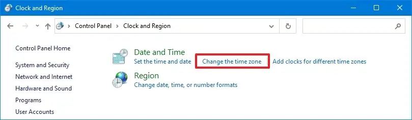 Changement de fuseau horaire dans le panneau de configuration