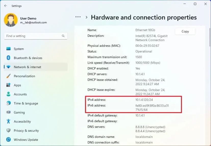 Paramètres configuration complète de l'adresse IP 