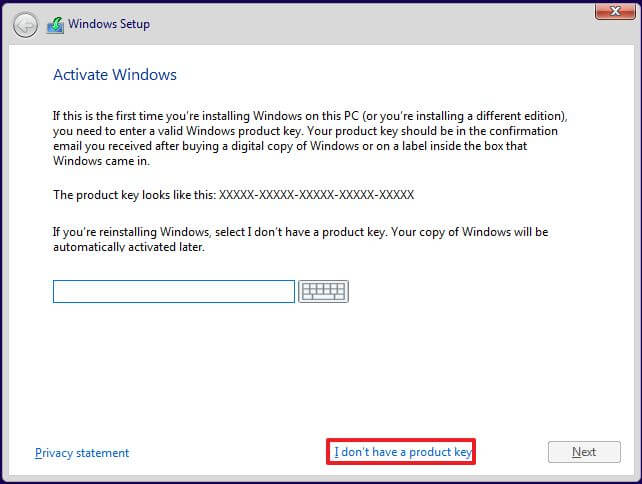 Ignorer la clé de licence lors de la configuration de Windows 10