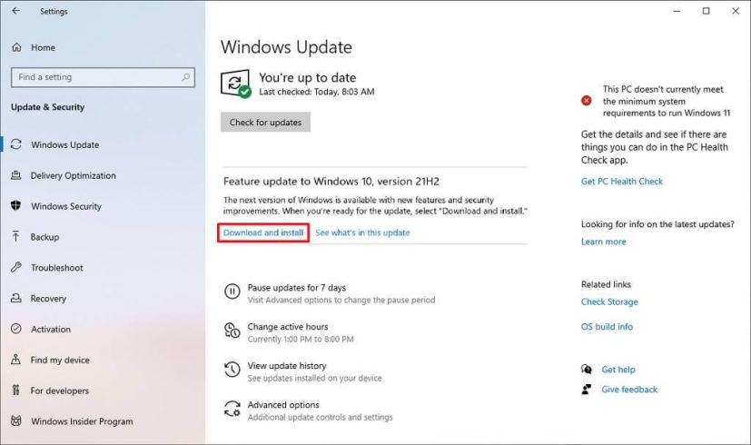 Téléchargement de la mise à jour Windows 21H2