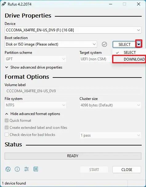 Option de téléchargement ISO de Rufus Windows 11