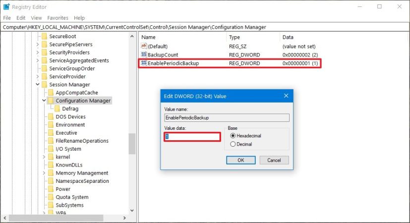 Configuration d'EnablePeriodicBackup pour les sauvegardes automatiques du registre sous Windows 10