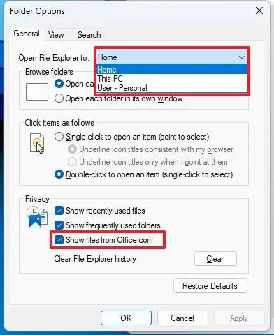 Options des dossiers dans la version 22H2