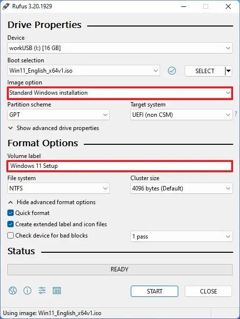 Paramètres de démarrage de Rufus Windows 11