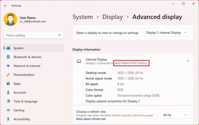 Vérifiez le GPU dans les paramètres d'affichage avancés