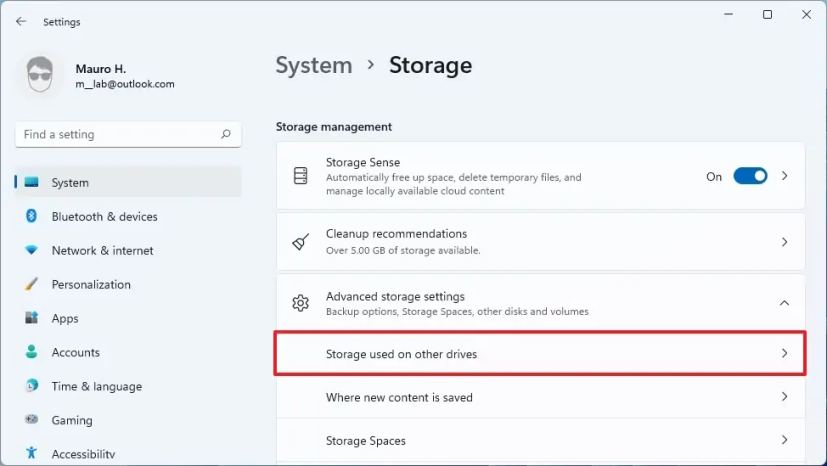 Stockage utilisé sur d'autres disques