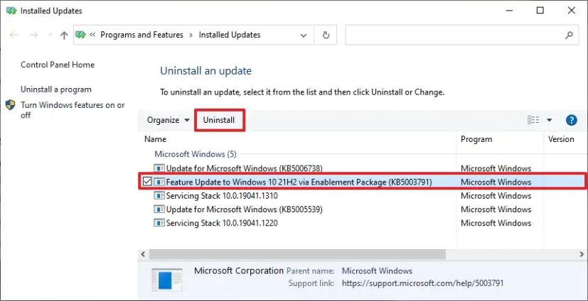 Désinstaller Windows 10 21H2 KB5003791