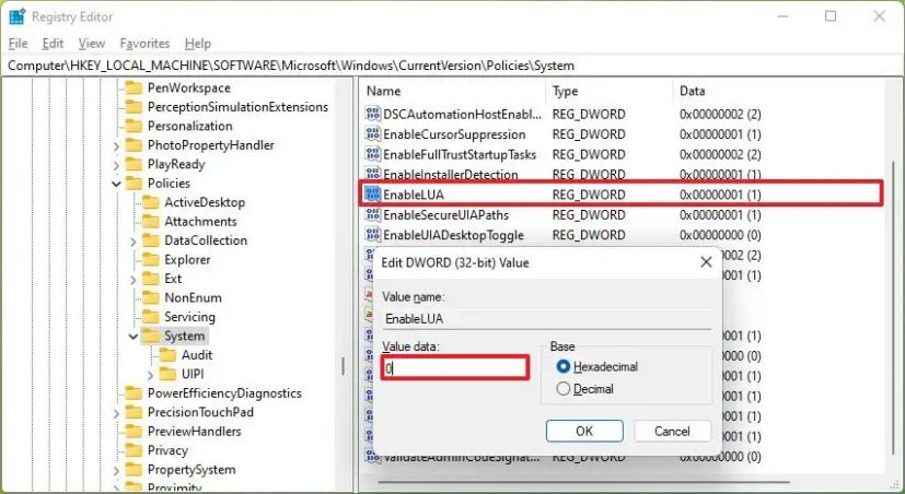 Le registre désactive l'UAC sur Windows 11