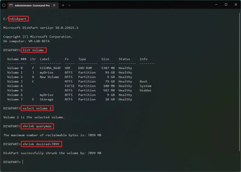 Commandes de réduction de partition DiskPart