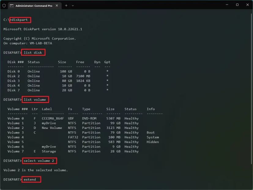 Commandes d'extension de partition DiskPart