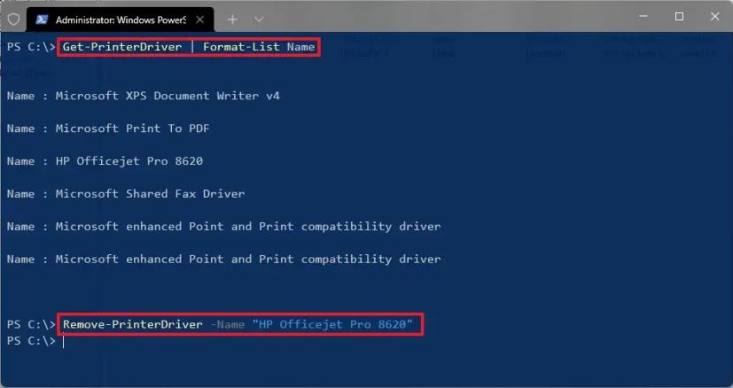 PowerShell supprime le pilote d'imprimante