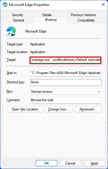 Configuration Edge InPrivate