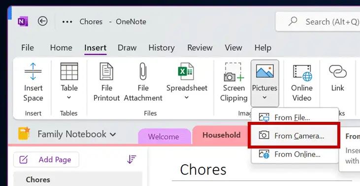 Insertion OneNote depuis l'appareil photo