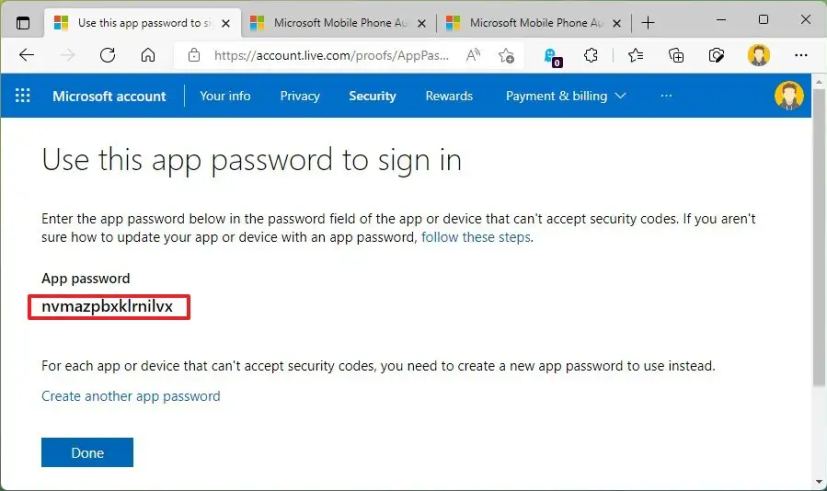 Mot de passe de l'application du compte Microsoft