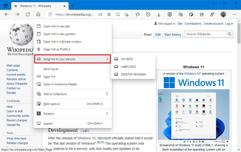 Microsoft Edge envoie un lien vers vos appareils