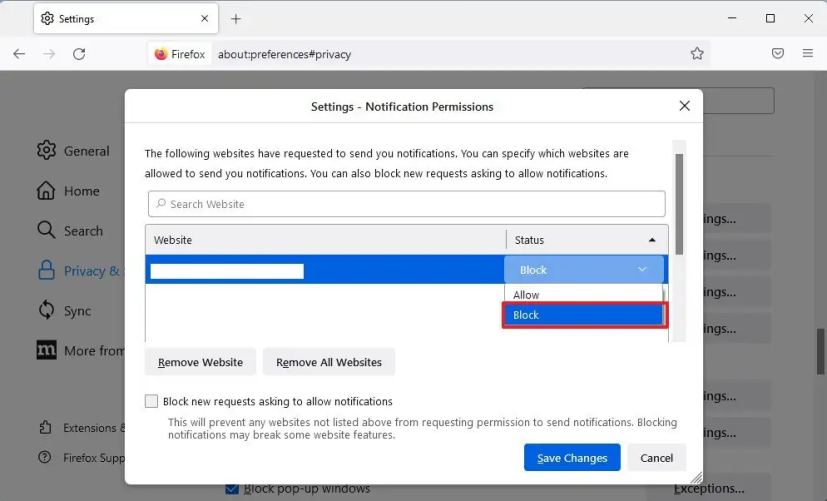 Firefox bloque les notifications de sites Web