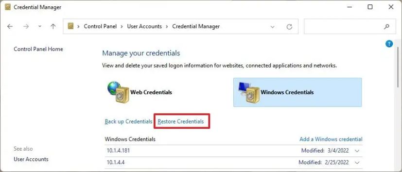 Option de restauration des informations d'identification Windows 11