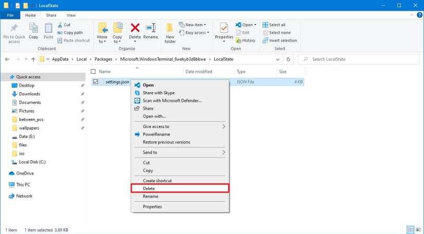 Paramètres de réinitialisation du terminal Windows avec l'Explorateur