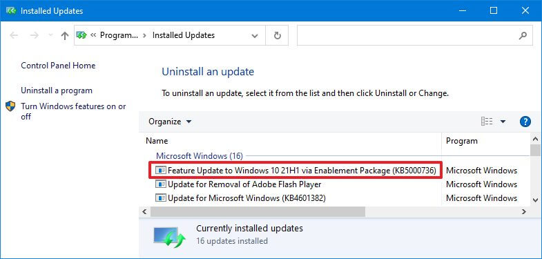 Désinstallation de Windows 10 21H1 (KB500736)