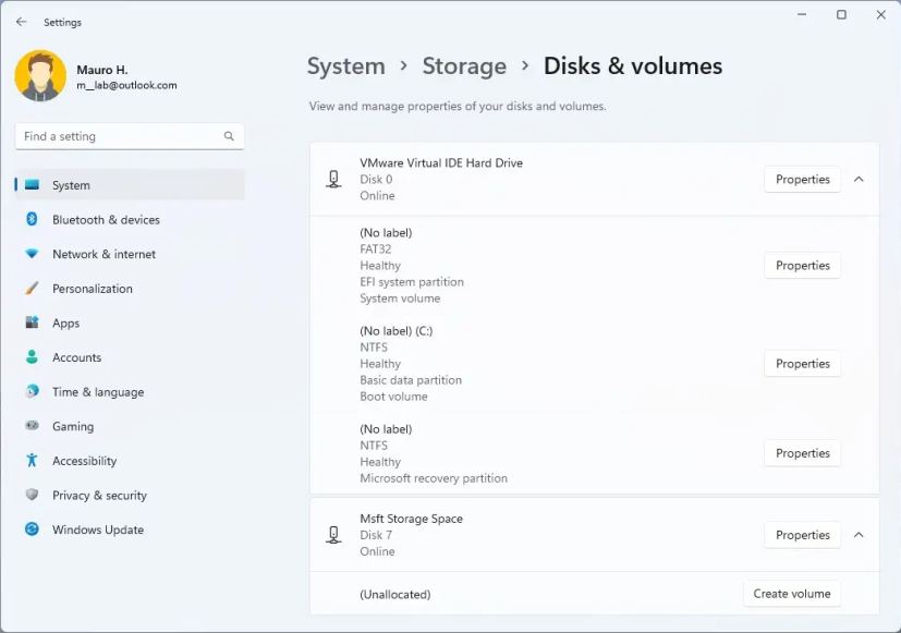 Nouvelle interface utilisateur des disques et volumes