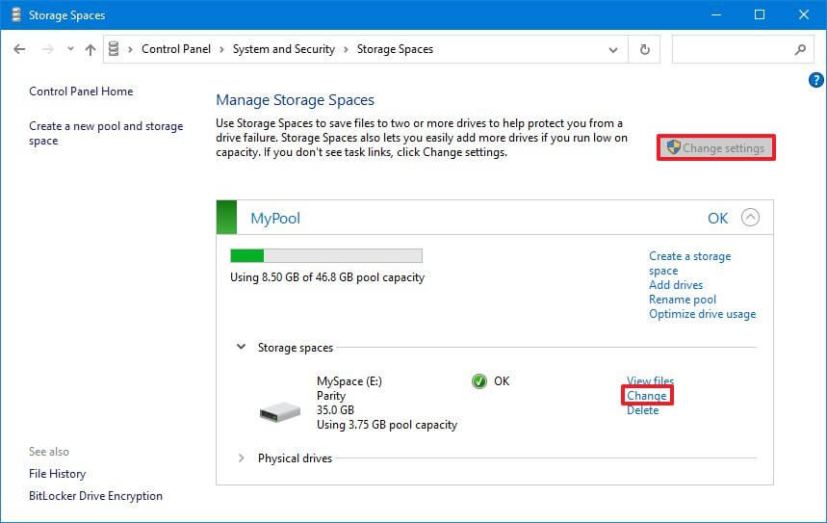 Option de changement d'espace de stockage