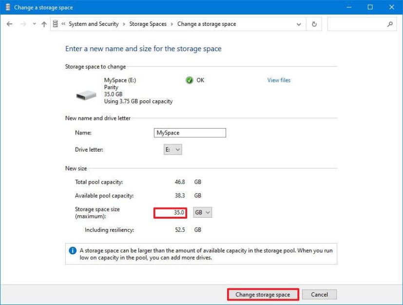 Étendre l'espace de stockage dans le Panneau de configuration