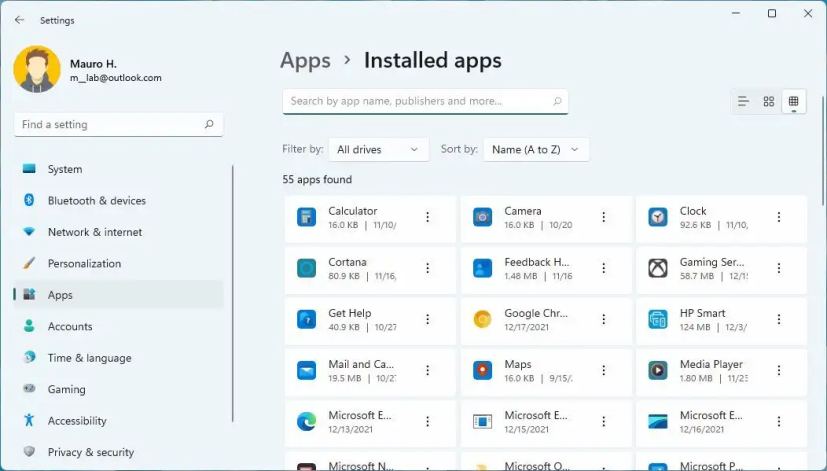 Paramètres des applications installées